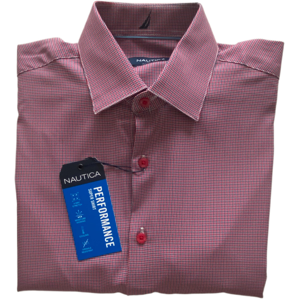 Nautica Dress Shirt Men's 14-14.5 32/33 Performance Slim Fit Red/Navy Ck NWT